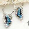 Women 1Pair Blue Crystal Rhinestone Enamel Butterfly Dangle Hoop Earrings Earbob