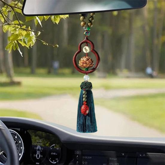 Čínská šťastná závěsná ozdoba do auta Dřevěný přívěsek tykev s třásní Tradiční Feng Shui přívěsek do auta pro příslušenství zpětného zrcátka