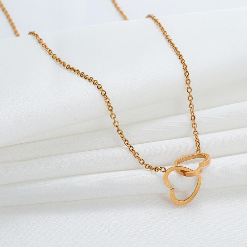 Simple Double Heart Pendant Necklace for Women Couple Stainless Steel Choker Gold Color Chain Wedding Party Friends Zircon Gift