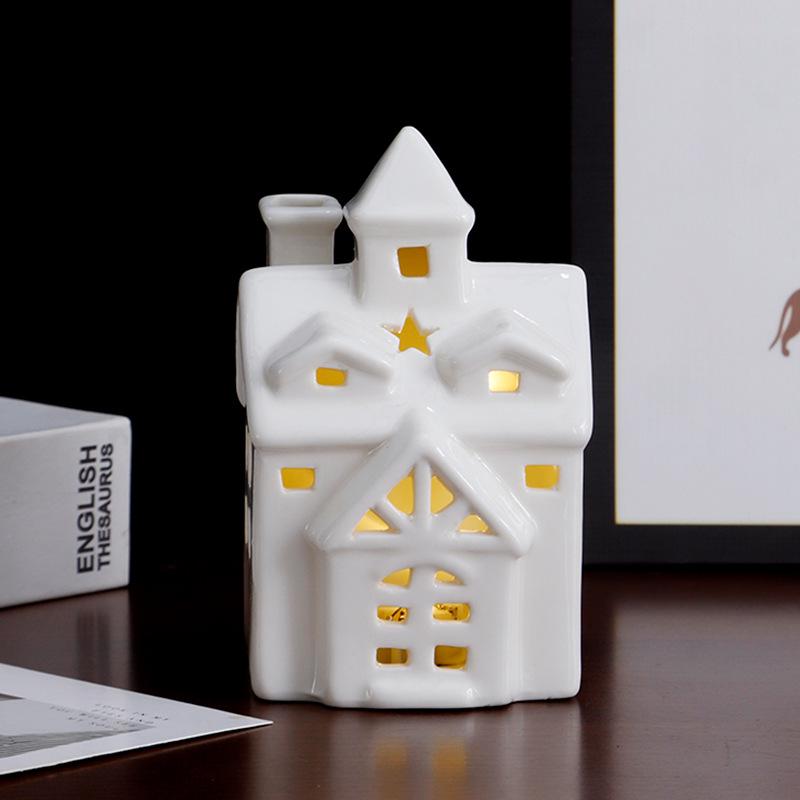 European Ceramic LED Christmas House Ornament: Creative Hollow Candlestick Night Light