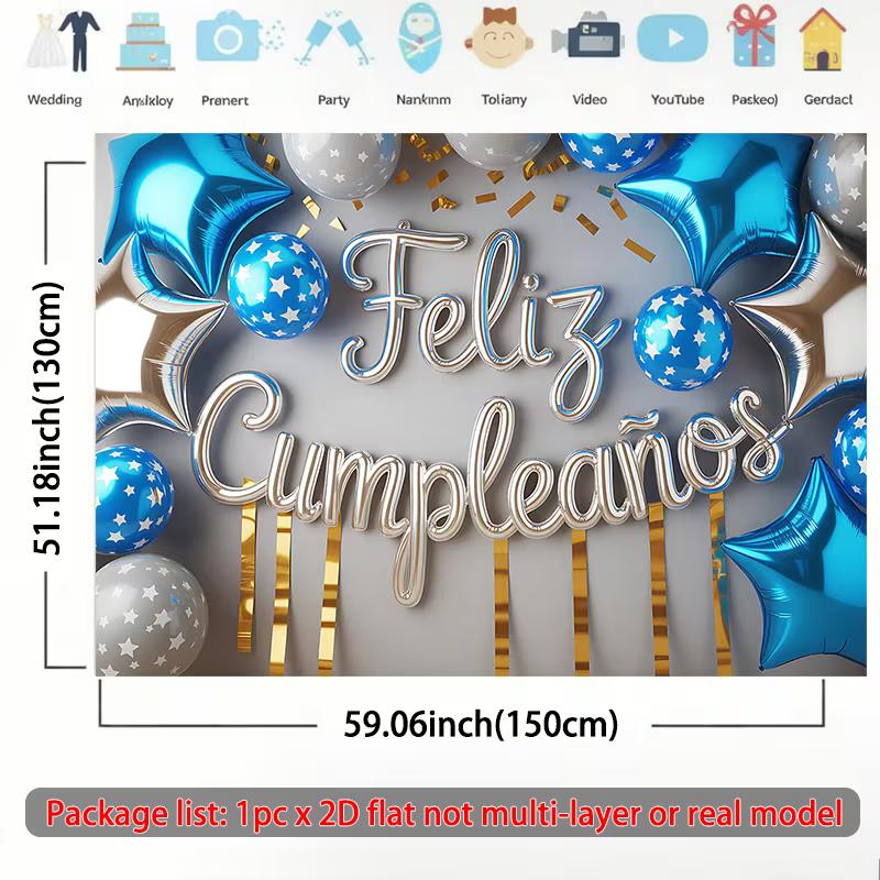 2D Feliz Cumpleaños Banner, Blue Silver Star Balloon Background for Birthday Celebration