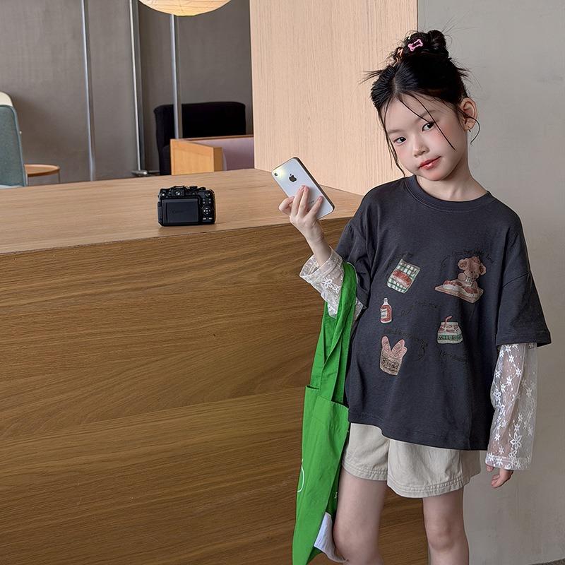 Girls Sweet Korean Style Fake Two Piece Lace Patchwork Short Sleeve T Shirt