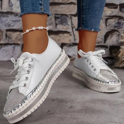 Fashion Shoes for Women Sneakers Plus Size 35-44 Crystal Thick Soles Casual Rhinestones PU Walking Flats Thick Bottom Lace Up Shoes