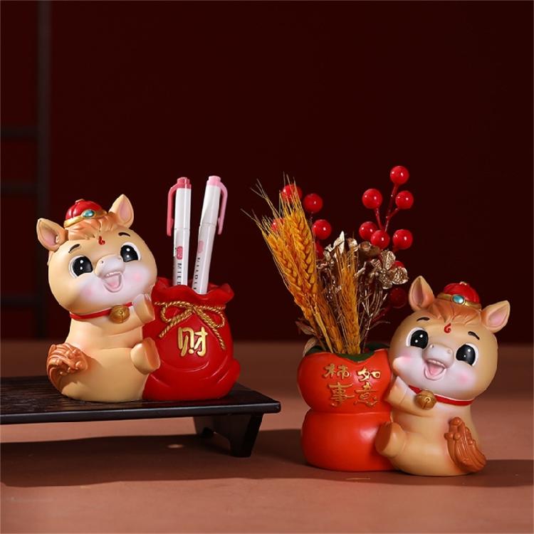 Cartoon Horse Pattern Pen Holders Stationery Holders Chinese New Year Gift Office Home Decoration Resin Pen Organizer