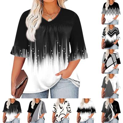 Damenmode, lässig, bedruckt, V-Ausschnitt, plissiert, Sieben-Minuten-Ärmel, Rüschenärmel, T-Shirt, Übergröße