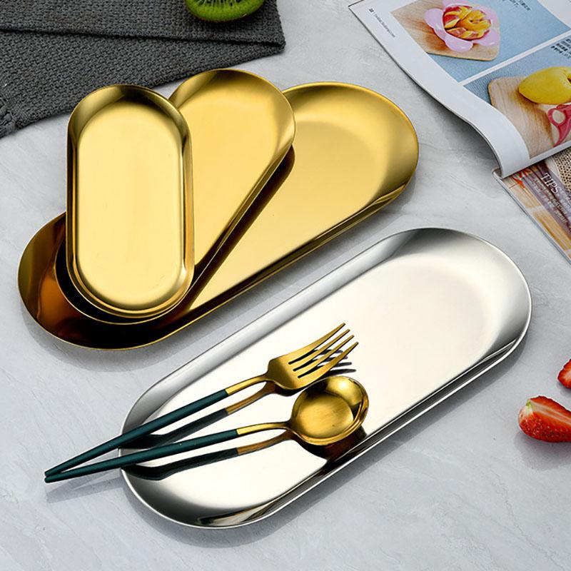 Oval Stainless Steel Gold Dining Plate Dessert Plate Nut Fruit Cake Tray Snack Kitchen Plate Western Steak Kitchen Plate Dish