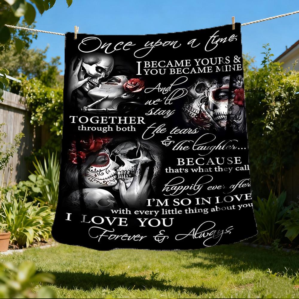 1pc Skull Couple Love Throw Blanket Polyester Fiber, Lightweight Flannel, Soft & Warm, All Season Use for Outdoor, Camping