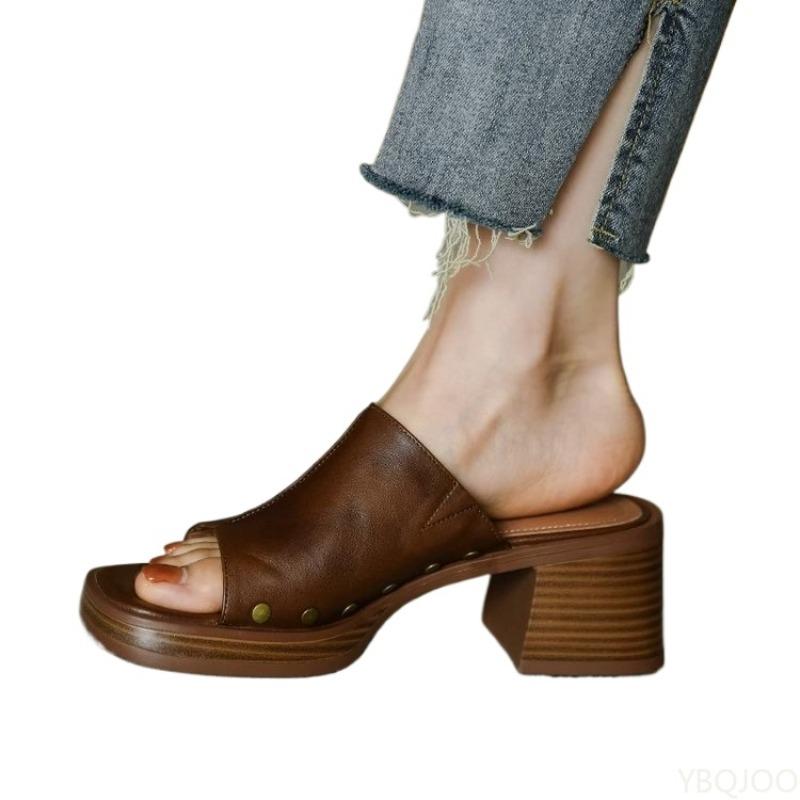 Damen High Heels Modische vielseitige Schuhe Damen Freizeit bequeme Strandschuhe Sommer Dicke Sohle Anti-Rutsch Retro Hausschuhe