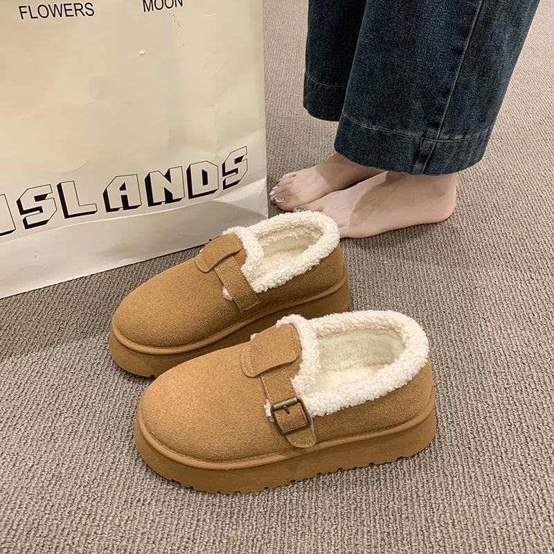 Women's fluffy snow boots, autumn and winter thick-soled one-pedal low-top bread women's shoes, velvet cotton shoes