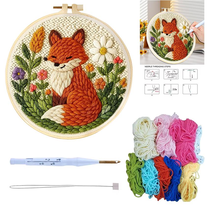 DIY Punch Needle Embroidery Kit Fox Animal Pattern Starter Kit Magic Tufting Set Poking with Yarn Cross Stitch Tools For Knittin