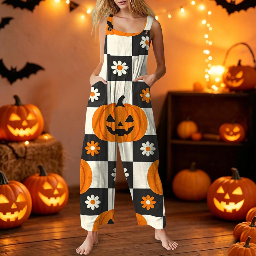 Women's Sleeveless Jumpsuit Halloween Print Cotton Casual Loose Fit Overalls Wide Leg Romper Pocketed