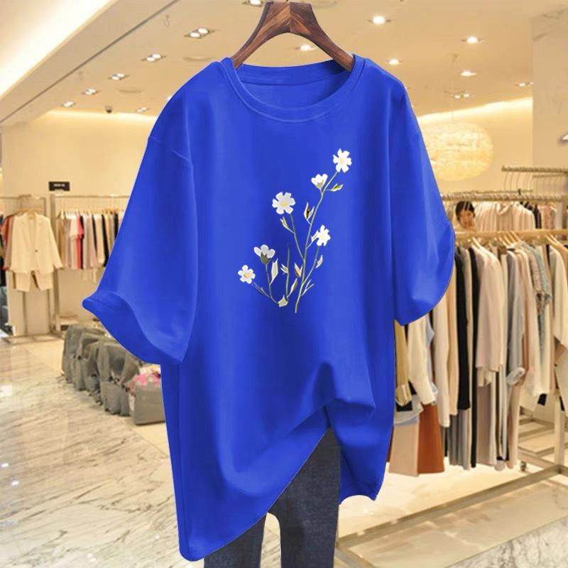 Cotton white short-sleeved t-shirt women's summer new flower print crew neck loose top bottoming shirt