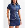 IHUASU Women's Modern Style Denim Short-sleeved Button High-waisted Short Skirt Set