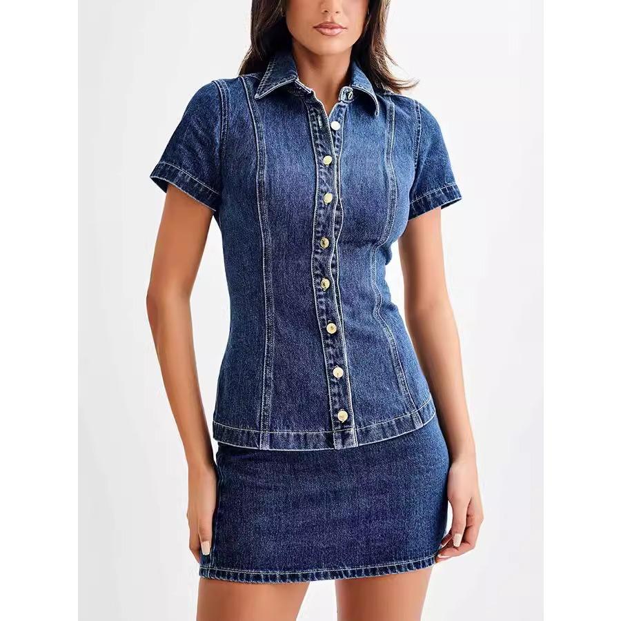 IHUASU Women's Modern Style Denim Short-sleeved Button High-waisted Short Skirt Set