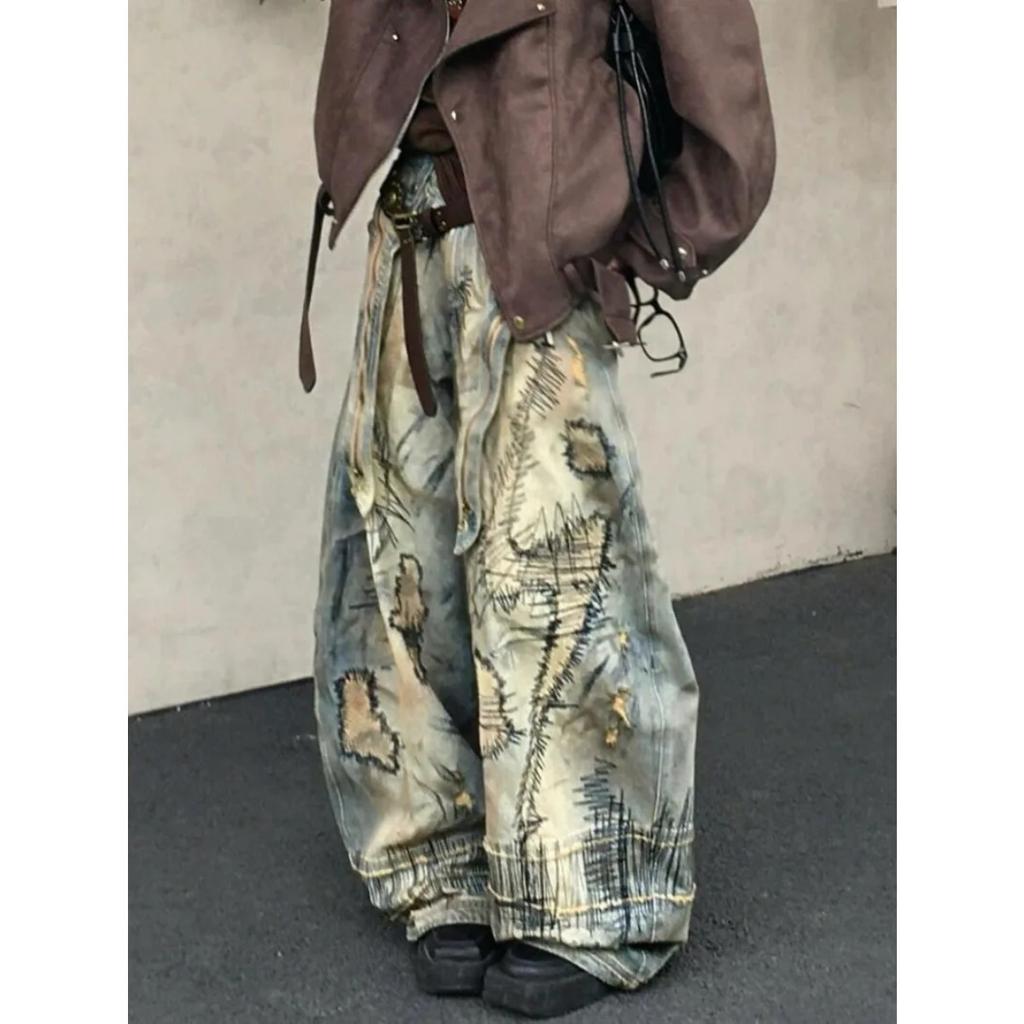 LUXEON American Street Destruction Style Embroidered Denim Pants Oversized Retro Wash Personality Fashion Loose Casual Wide Leg Jeans