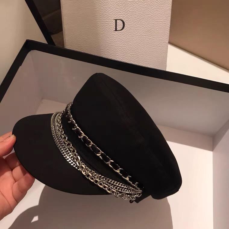 

Hat Female Trendy Versatile Black Navy Hat Spring And Autumn Internet Celebrity Personality British Style Chain Cap Adjustable чорний