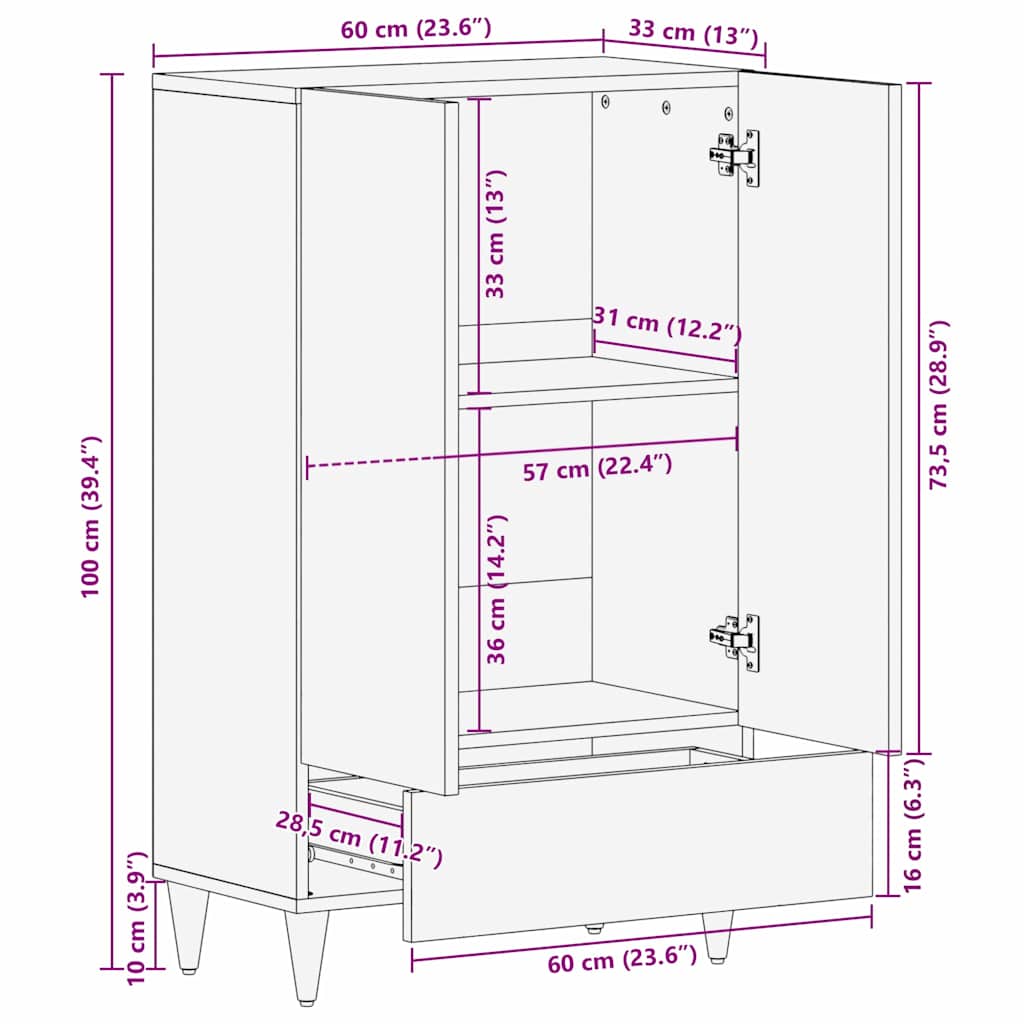 Highboard with Shelf Black 60 x 33 x 100 cm Solid Mango Wood