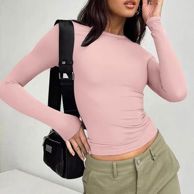 Mode Langarm Slim Fit Damen Bluse O Hals Lässig Elegant Schlicht Büro Damen Kurzes Hemd Streetwear Kurze Tops Einfarbig Damenbekleidung
