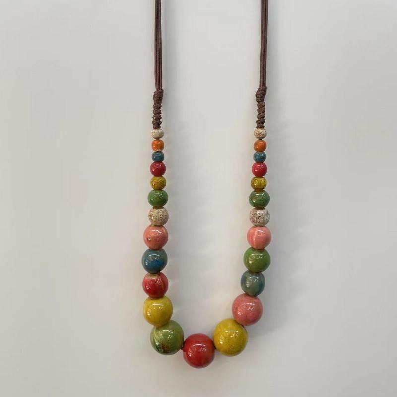 Big Vintage Ceramic Beaded Necklace For Women Handmade Long Adjustable Boho Ethnic Style Jewelry