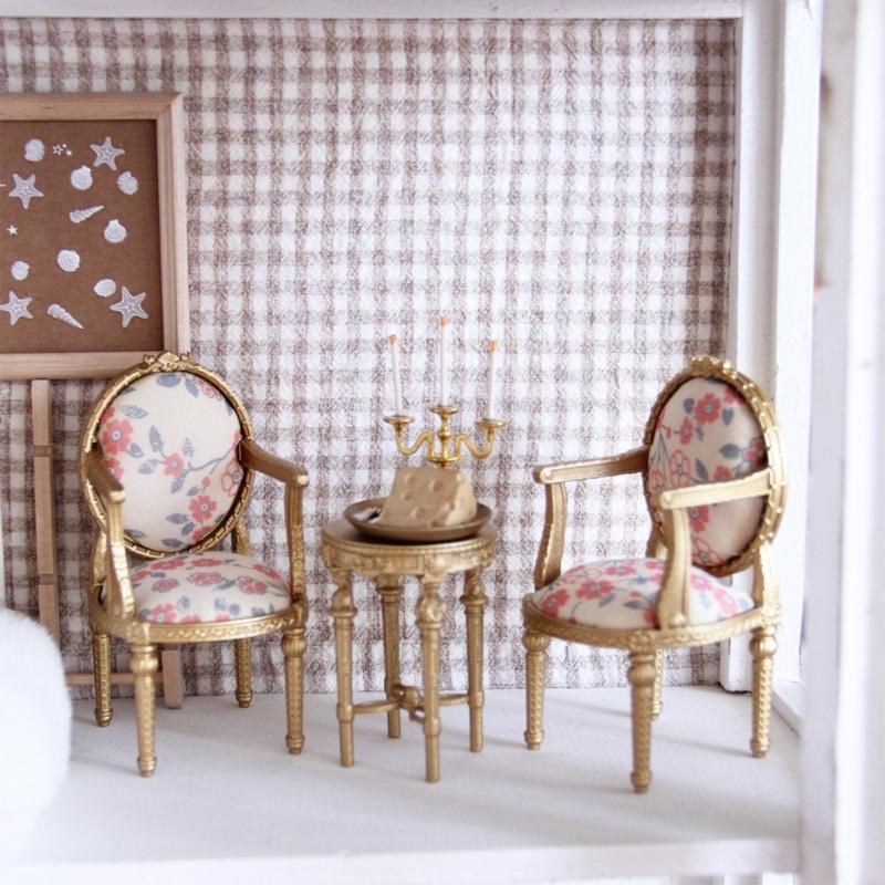 1/12 Scale Wooden Dollhouses Furniture Set Mini Wooden Table And Chair For Kids Floral Pattern