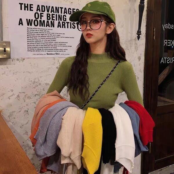For Autumn and Winter, Wear A Fitted Long-sleeved Semi-high-neck Knitted Sweater As A Student Top