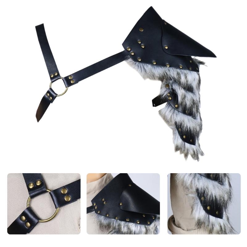 Medieval Men Furry Trim Spliced Single Shoulder Armors Strap Leather Shoulder Pauldron for Cosplay and Halloween Parties