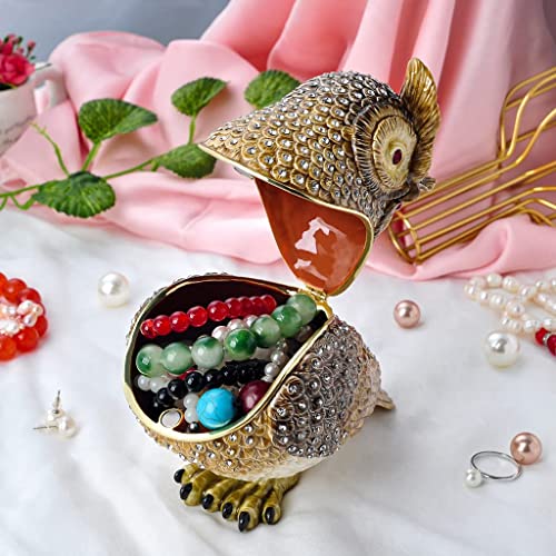 FJ FENGZHIJIE Owl Jewelry Box, Crystal-Decorated Enamel Trinket Box with Gold-Plated Frame, Decorative Animal Storage Case for Rings and Earrings