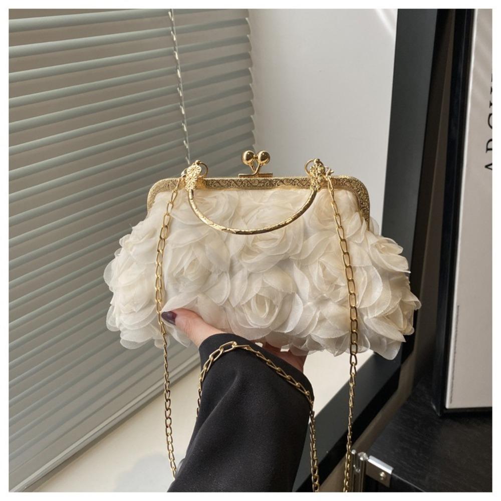 Luxury Polyester Fiber Evening Bags Chiffon 3D Flower Banquet Bag Chain Clutch Handbag Women Crossbody Bag