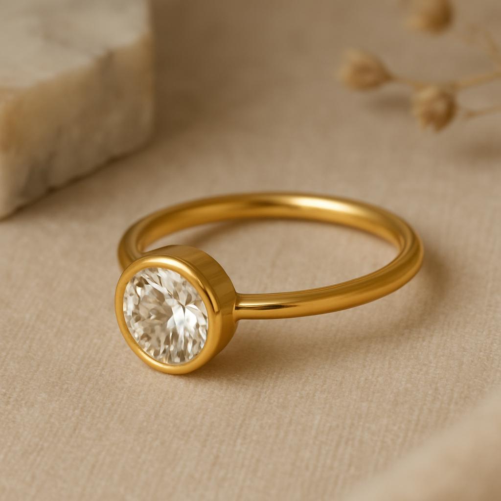 Round Cut Solitaire Engagement Ring, Bezel Set Yellow Gold Plated Band, Minimalist Bridal Jewelry, Promise Ring for Her