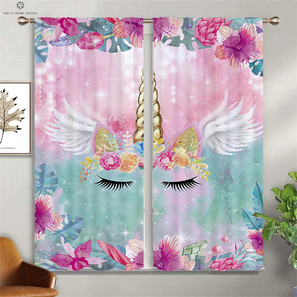 Animated Cartoon Unicorn Eyelash Curtains, Pink Floral Cute Pattern, Girl Room, Living Room, Study Window Decoration, 2Pcs