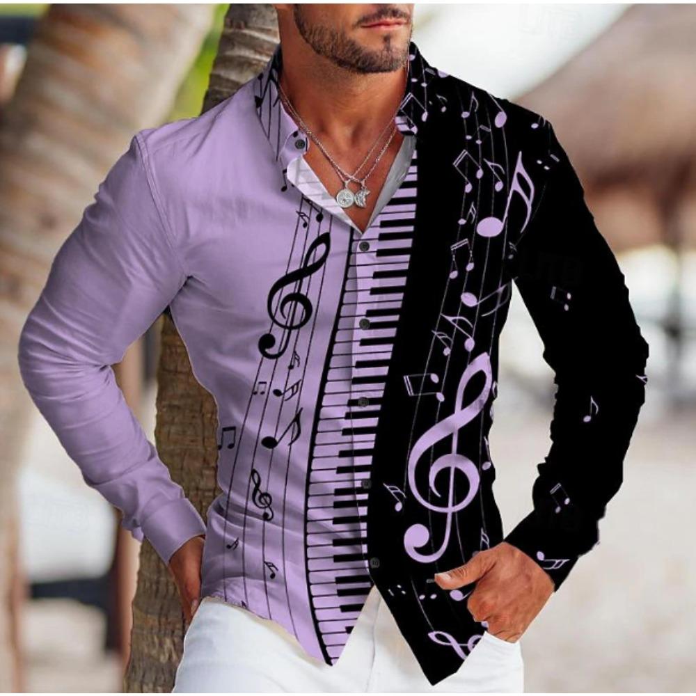 Men's Music Note Printed Long Sleeve Shirts Casual Cardigan New Button Holiday Fashion Shirts