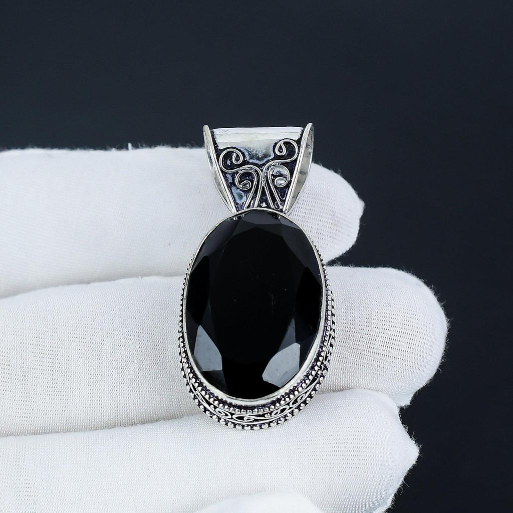 Amazing Black Spinel Gemstone Silver Pendant In 925 Sterling Silver - Handmade Pear Design, Everyday Wear Jewelry Engagement Gift