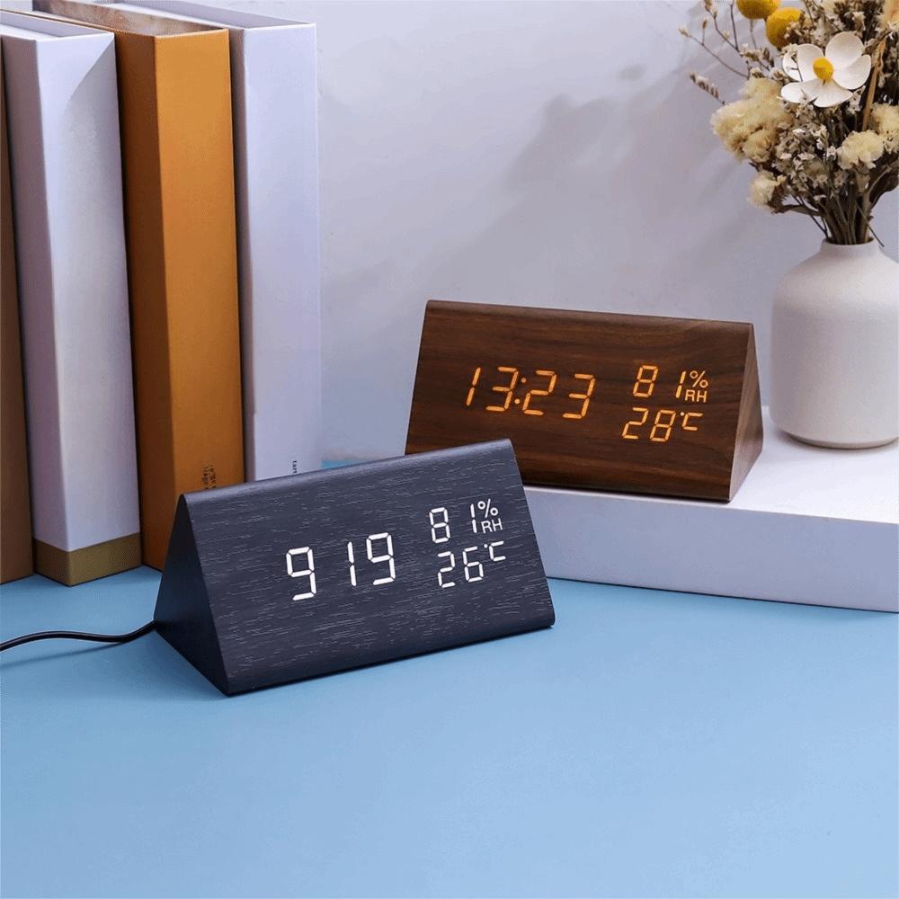 Triangular Wooden LED Alarm Clock Adjustable Brightness Voice-activated Electronic Alarm Clock Humidity and Temperature Display