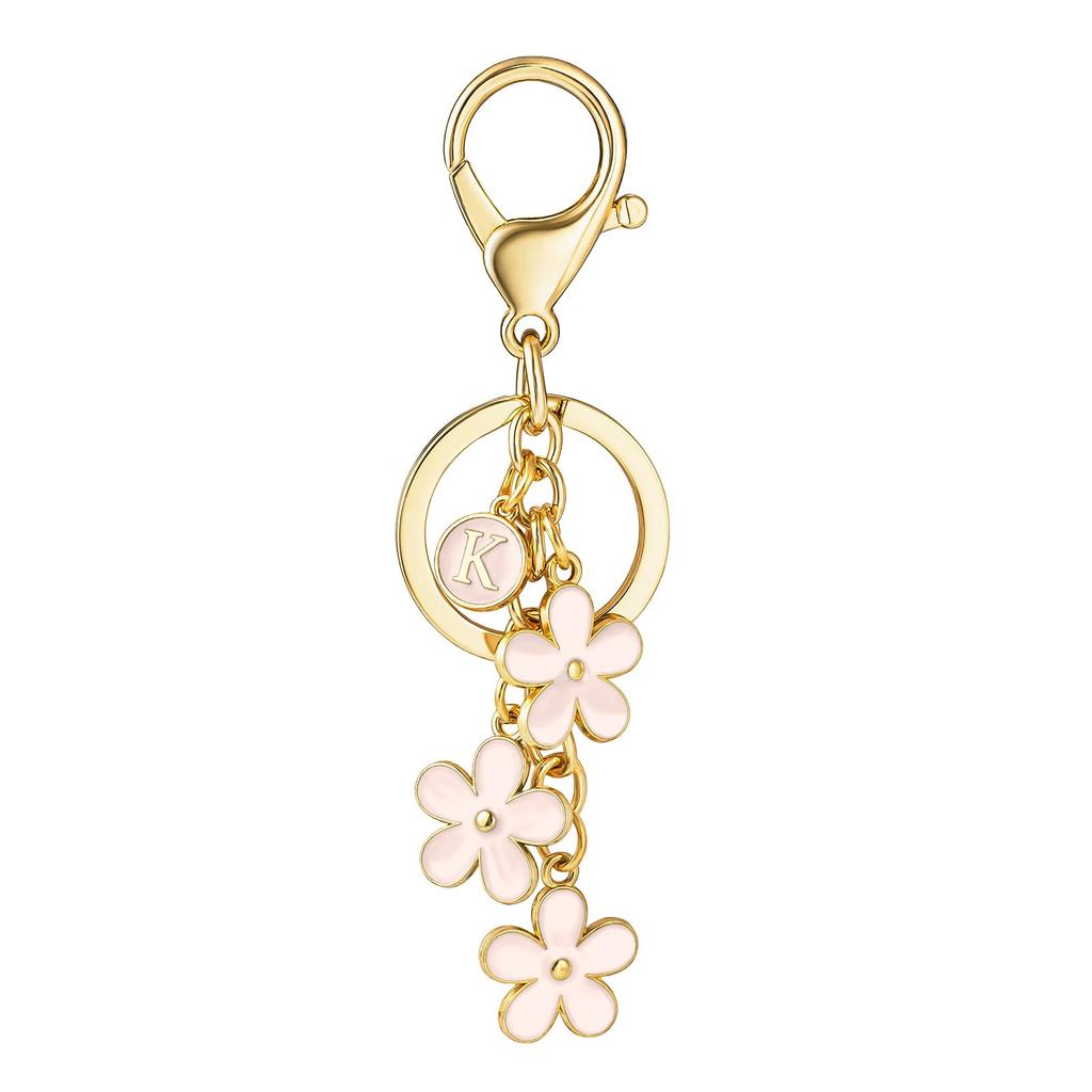 Initial Keychain White/Pink Flower Charms for Key Cute Letter Keyring for Handbag Backpack Key Ring Accessories