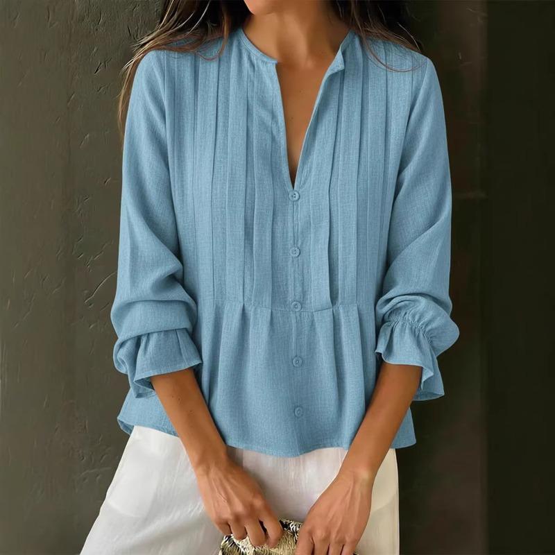 Spring and Summer New Women's Casual Solid Color V-neck Long-sleeved Cotton and Linen Shirts for Women