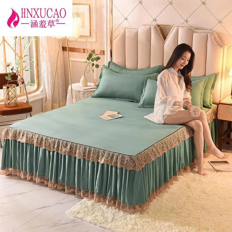 

3 шт./лот, кружевной комплект с платьем-кроватью, двуспальная кровать King Queen, хлопковая простыня с наволочками, подходит для постельного белья 150x200cm