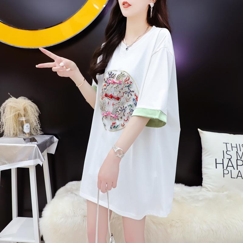 Women's Chinese Embroidery Short-sleeved T-shirt Women's Summer Loose Fashion Show Thin Meat Cover Top