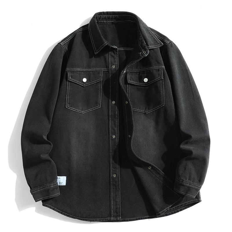 

Мужская рубашка с длинным рукавом в ковбойском стиле, весенняя, корейская версия, простая рубашка, свободная молодежная повседневная куртка в гонконгском стиле M чёрный