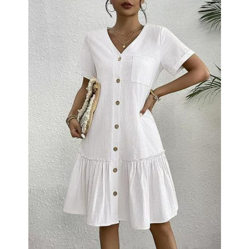 women s V Neck Single Breasted Short Sleeve Linen Blend Ruffle Hem A Line Casual Summer Midi Dress S белый