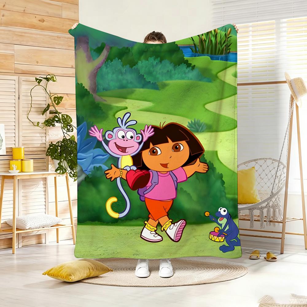 2DHand drawn Cartoon D-Dora the Explorer Throw Lightweight 240g Flannel Blanket Soft Skin-friendly for Summer Cooling