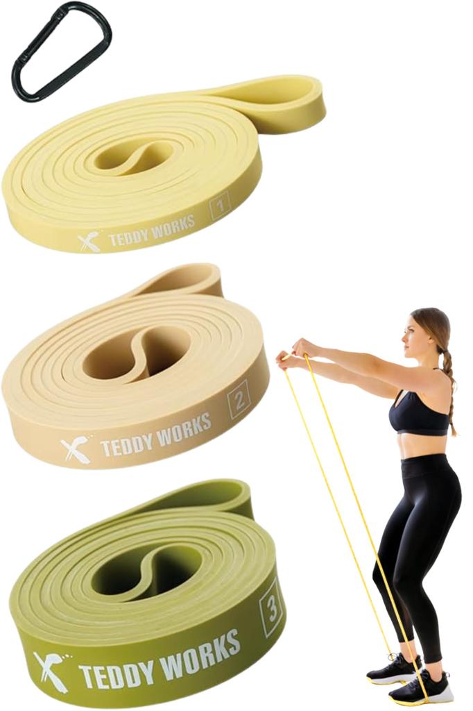 TEDDY WORKS Training Tubes, Set of 3, Resistance Bands, Strength Training, Elastic Bands, Stretch Bands, Pull-Up Aid (Cream/Ivory/Green)