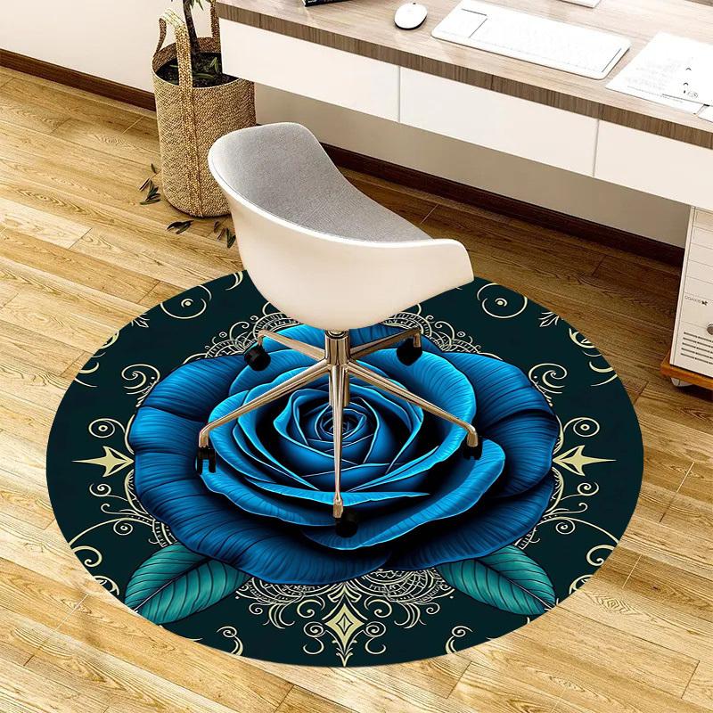 1pc Office Carpet Chair Mats Blue Rose with Intricate Gold Patterns Perfect for Decorating Office Chairs, Living Rooms, Or Bedrooms