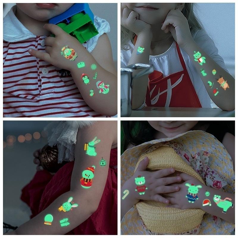 10pcs/set New Christmas Luminous Tattoo Stickers Children Luminous Toy Snowman Penguin Face Simulation Cartoon Stickers