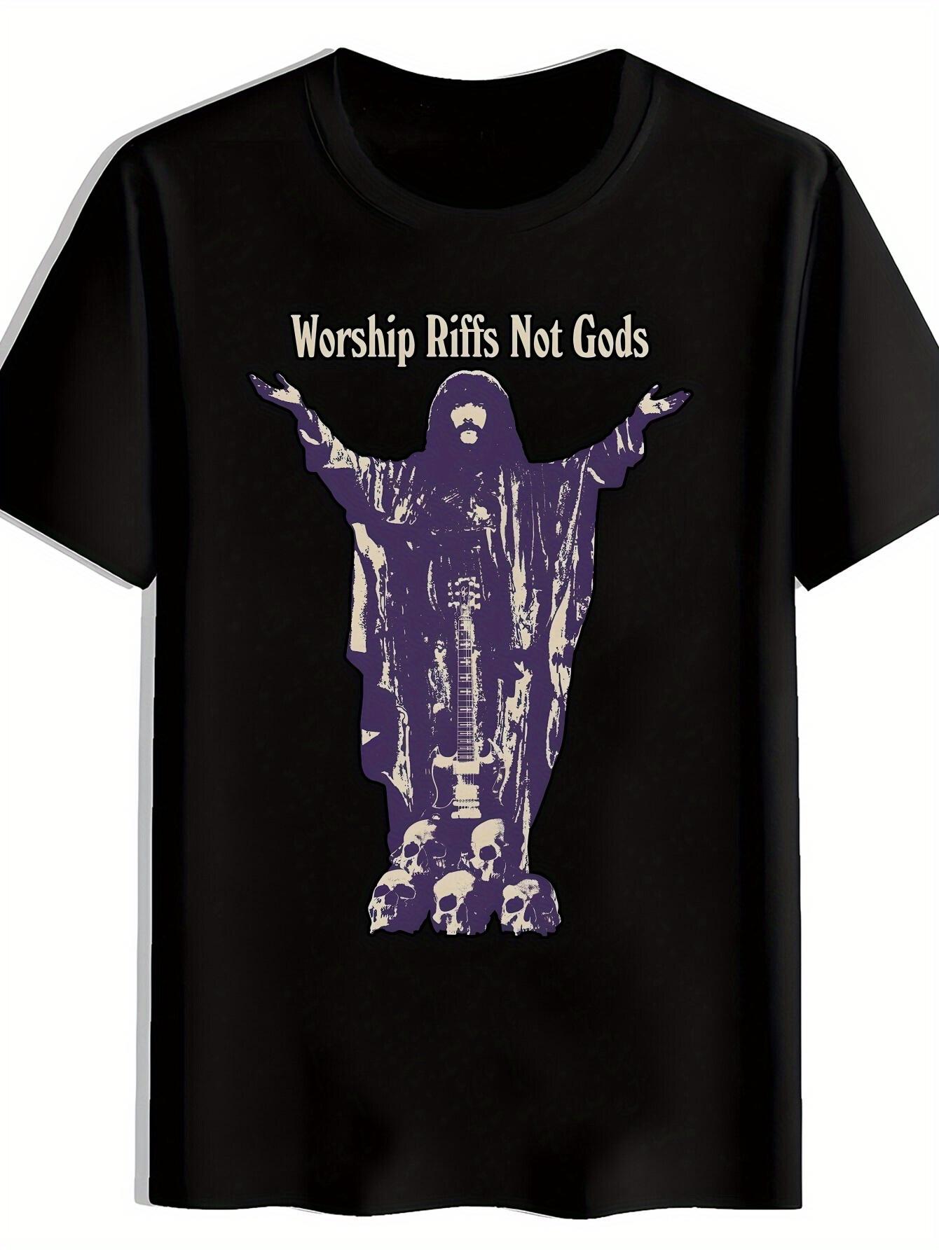 Black T-shirt with Worship Riffs Not Gods Graphic - Purple Guitarist Silhouette L