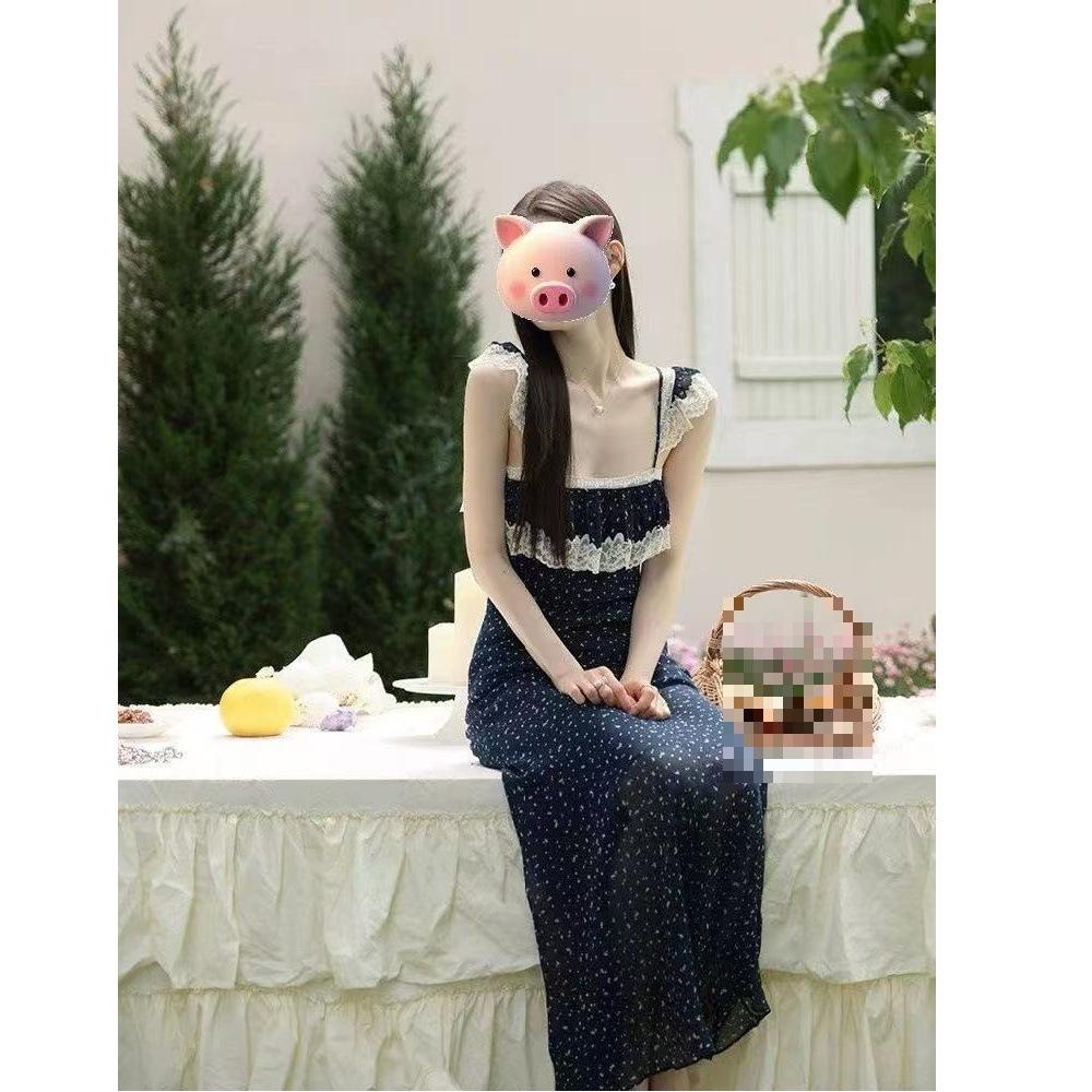 Lace Splicing Blue Floral Suspender Dress Women's Summer French Stunning Beach Dress Super Fairy Long Skirt