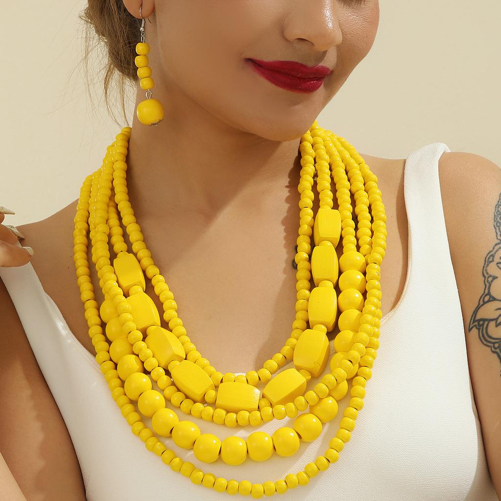 Colorful African Style Multi-Layer Wooden Bead Zircon Sets Chokers Necklace Colorful Bohemian Necklace Earrings Set Party Jewel