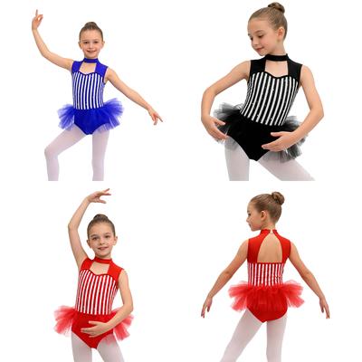 Fantasia de Mestre de Cerimônias de Circo para Meninas Macacão Listrado Strass Brilhante Design sem Mangas com Recorte Bodysuit com Sobreposição de Renda Franzida