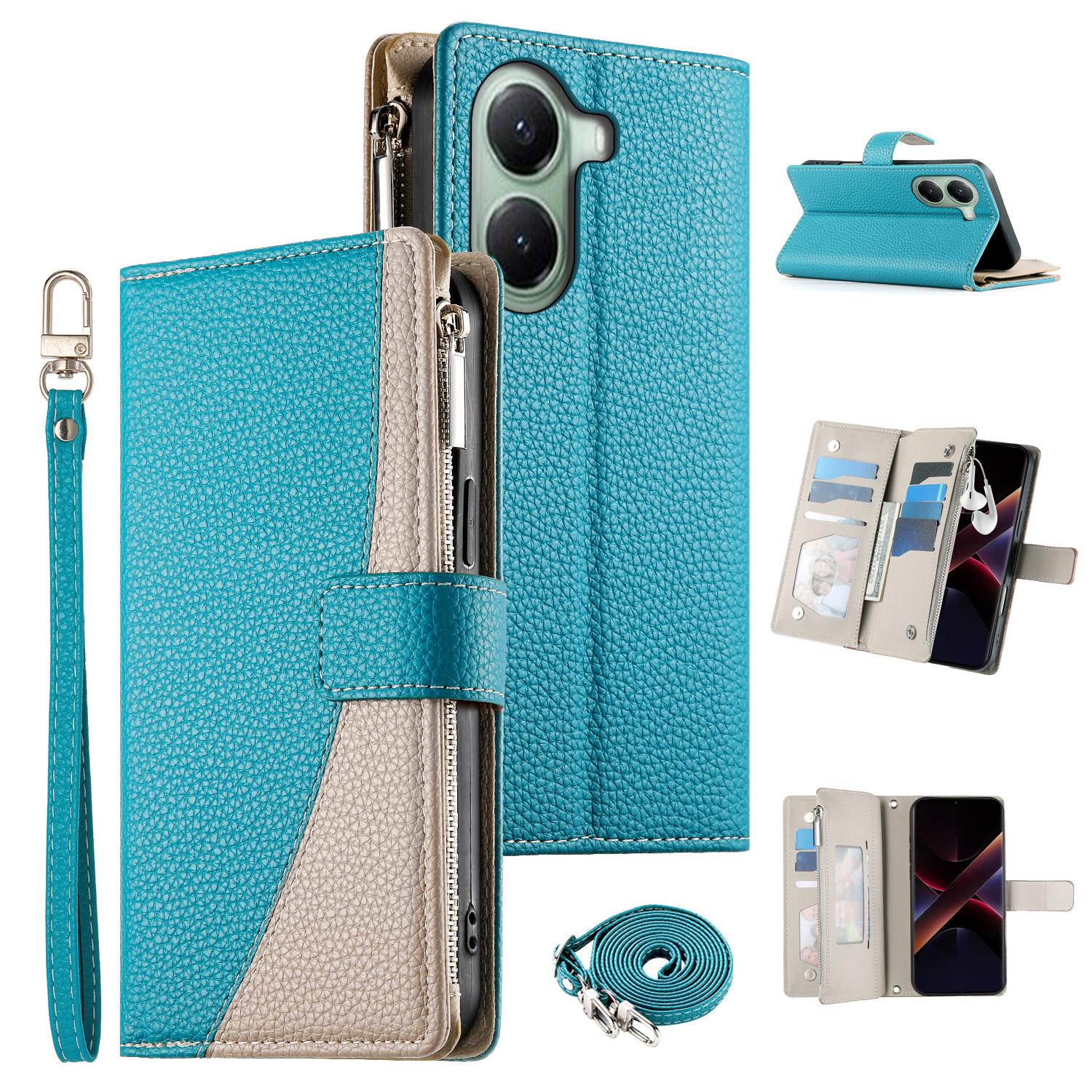 

Чехол для Xiaomi Poco X7 Pro 5G, кожаный откидной чехол-кошелек на молнии с цветной вставкой и ремешками Lake Blue