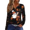 Women's Casual Halloween Print V-Neck Long Sleeve T-Shirt with Decorative Buttons