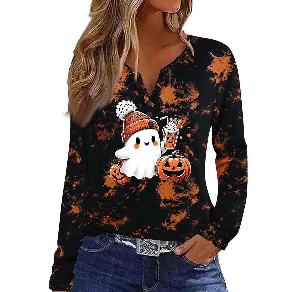 Women's Casual Halloween Print V-Neck Long Sleeve T-Shirt with Decorative Buttons